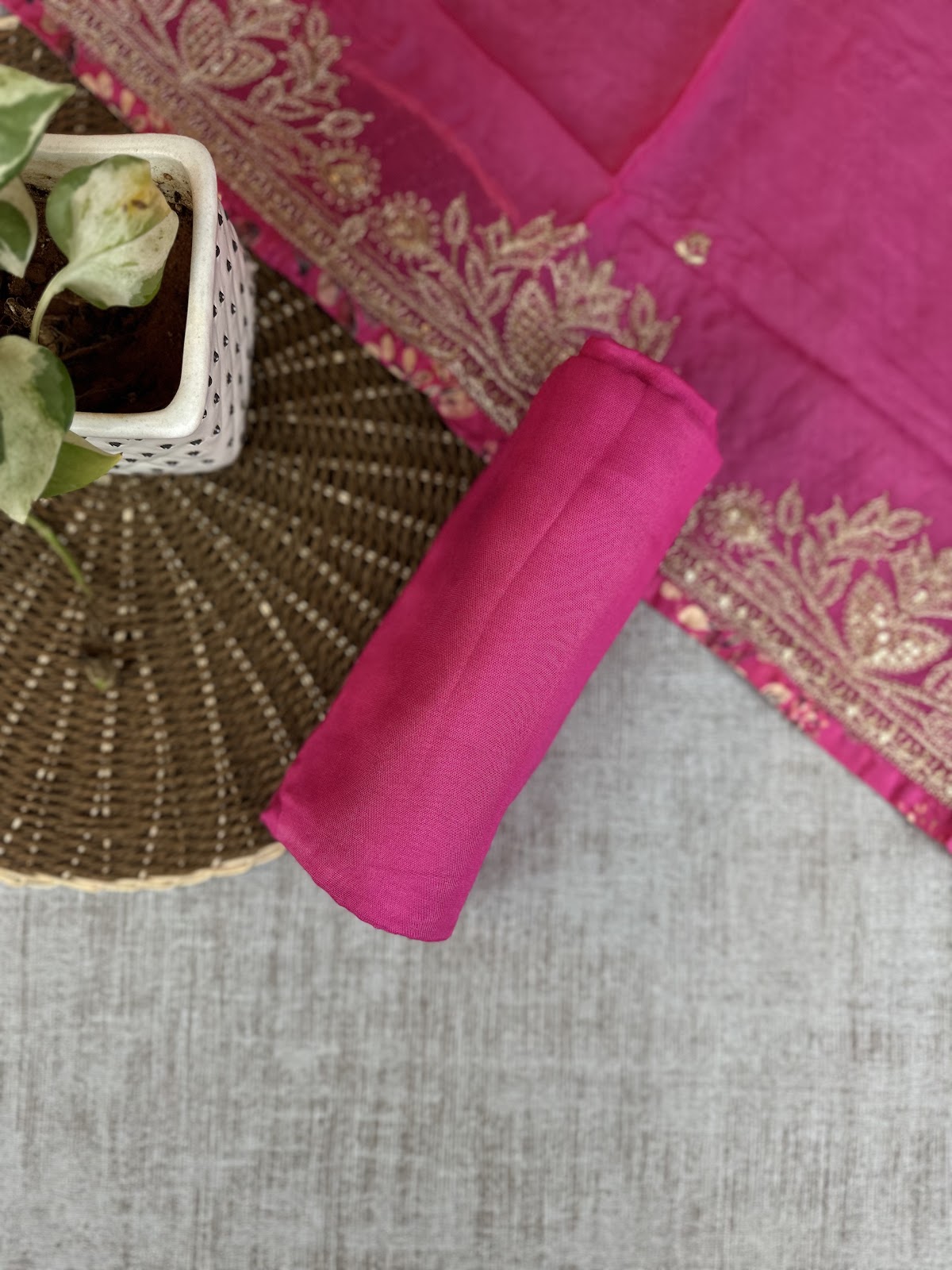 Fuscia Pink Muslin with Floral Print and Zari Embroidery