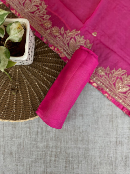 Fuscia Pink Muslin with Floral Print and Zari Embroidery