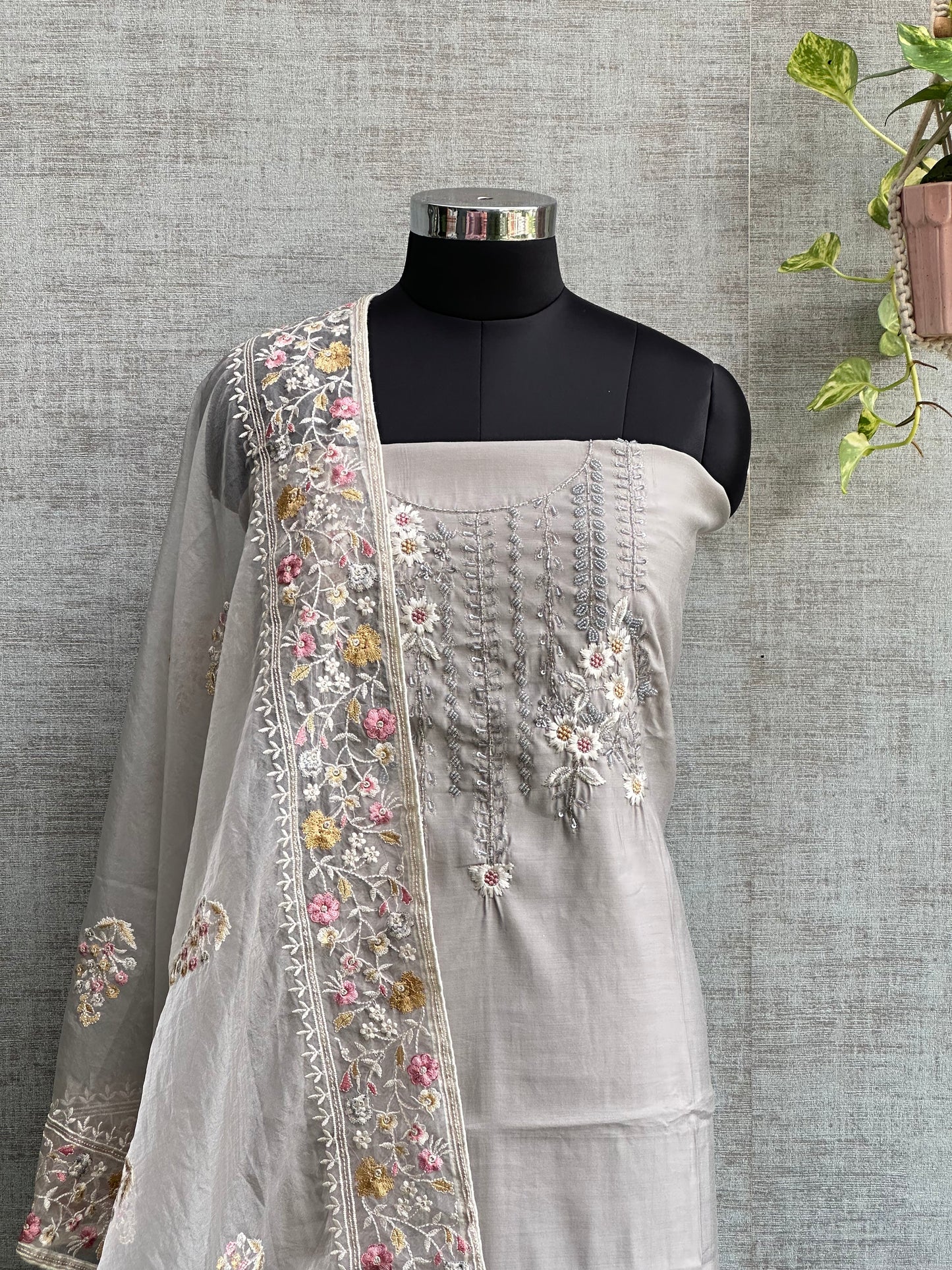 Grey Cotton Satin with Embroidery and Handwork