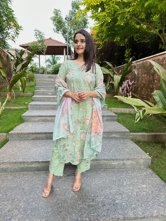 Pista Green Cotton Cutwork Straight Cut Suit