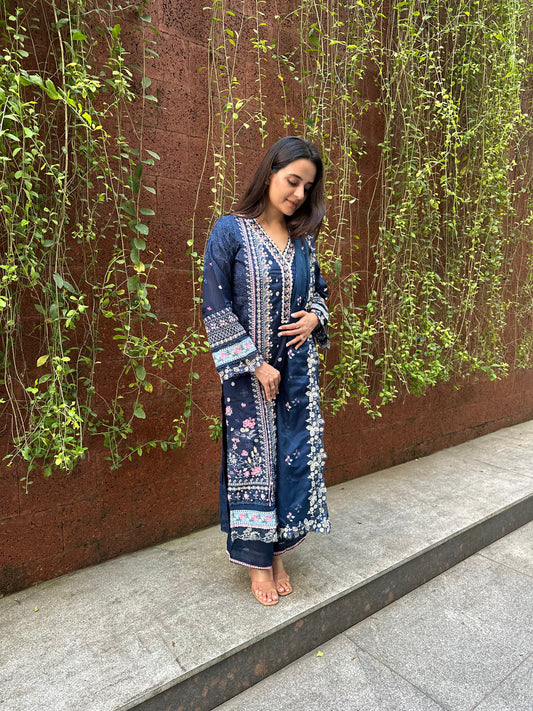 Navy Blue Cotton and Organza Pakistani Suit