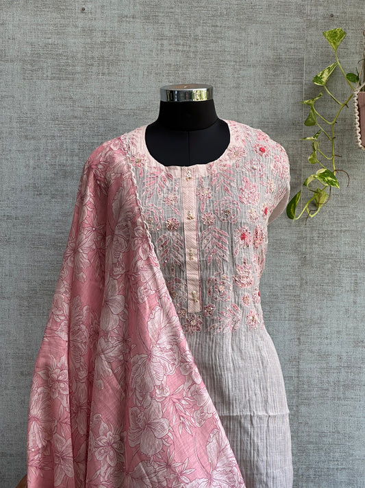 Flesh Pink Pure Chanderi with Bead Embroidery Work