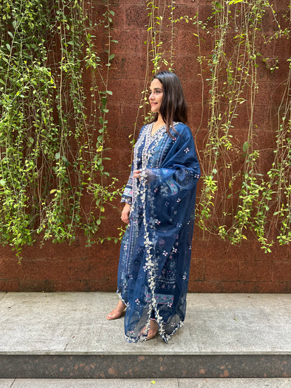 Navy Blue Cotton and Organza Pakistani Suit