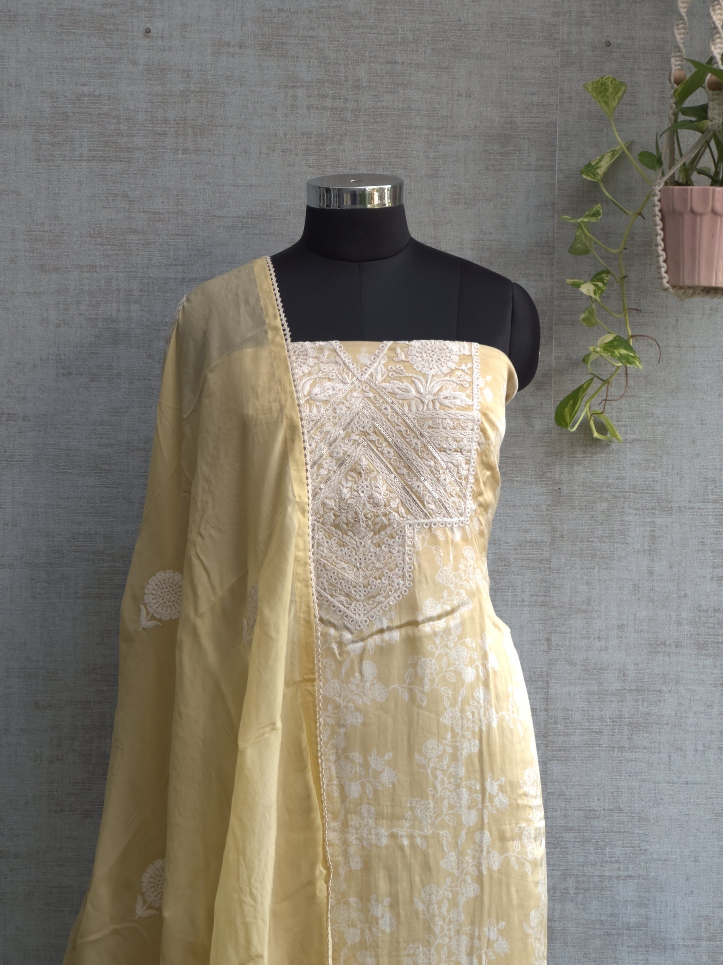 Champagne Yellow Pure Muslin Satin with Embroidery Work