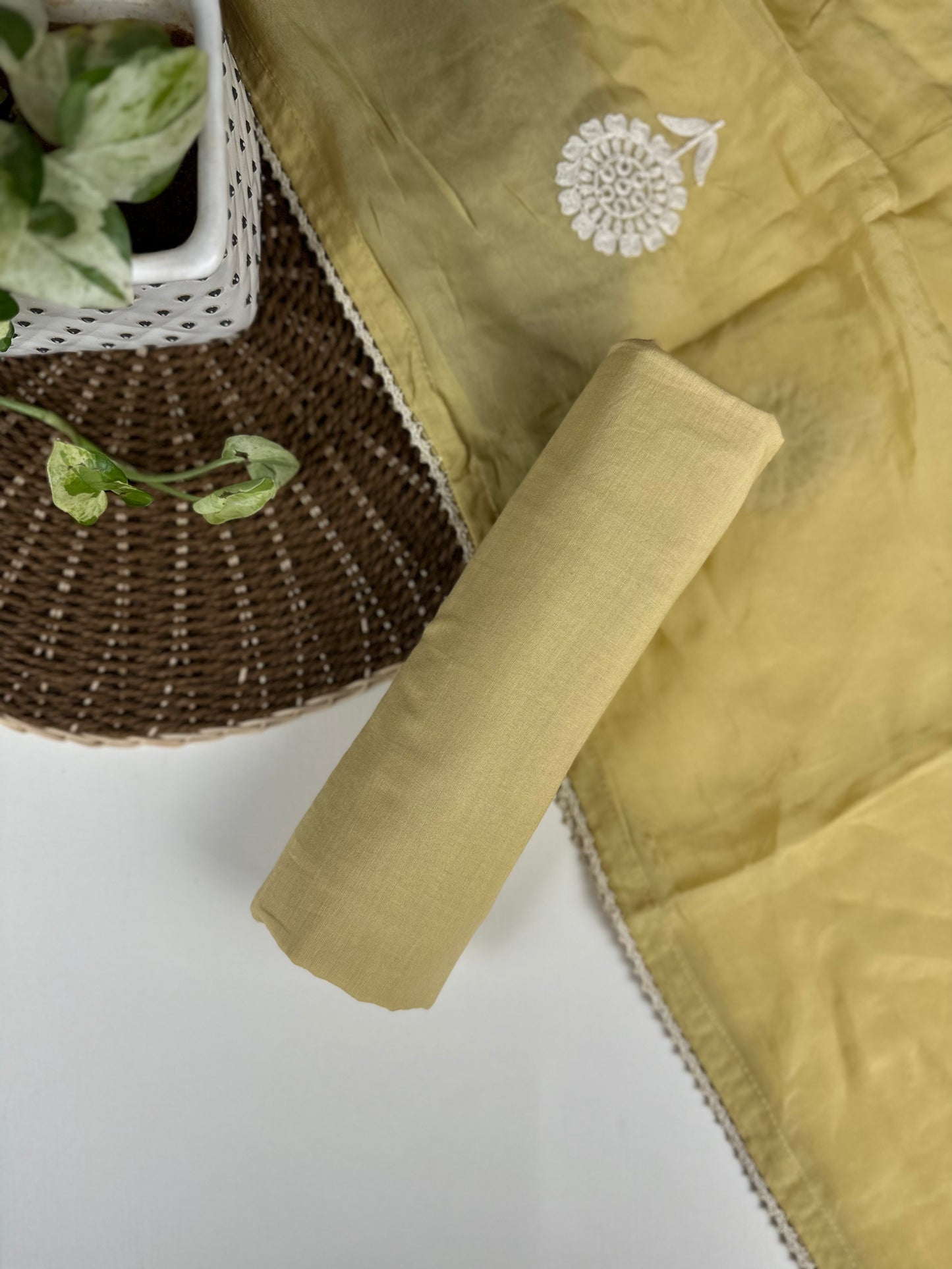 Champagne Yellow Pure Muslin Satin with Embroidery Work