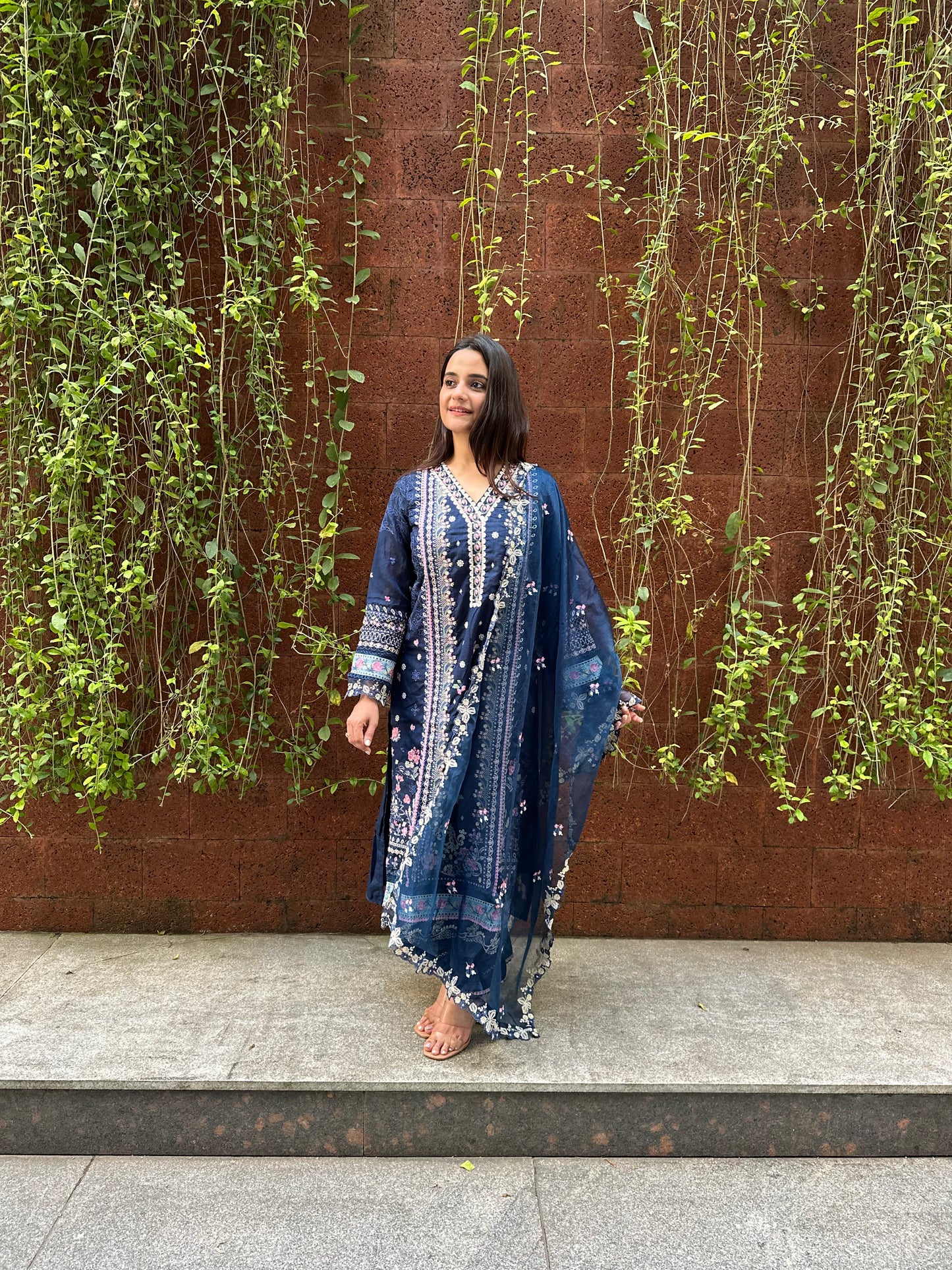Navy Blue Cotton and Organza Pakistani Suit