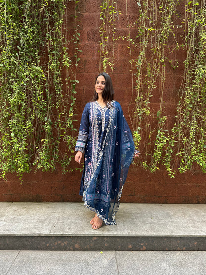 Navy Blue Cotton and Organza Pakistani Suit