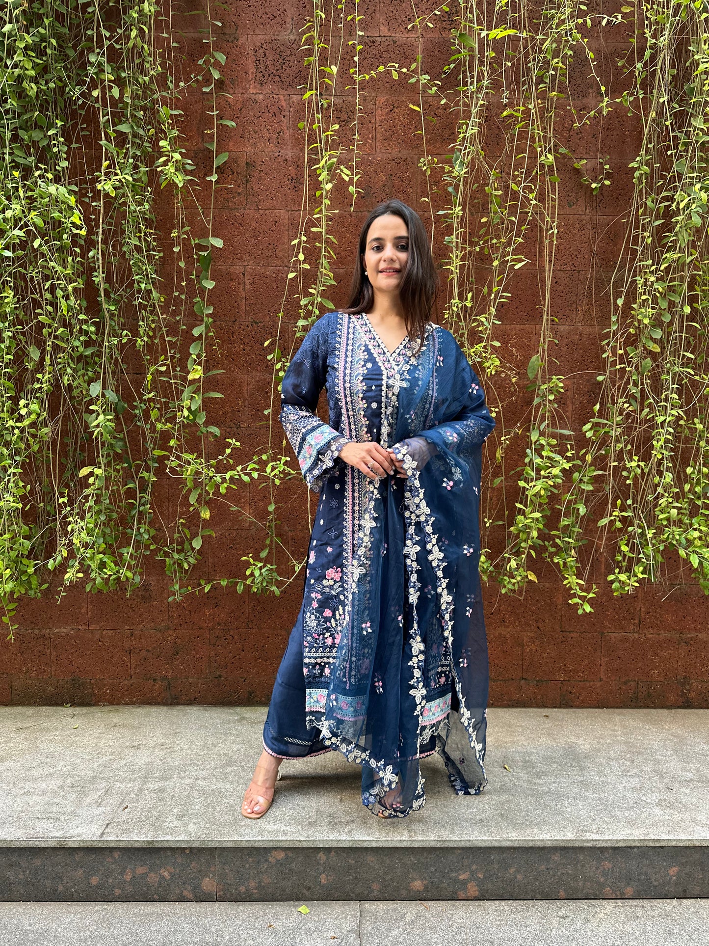 Navy Blue Cotton and Organza Pakistani Suit