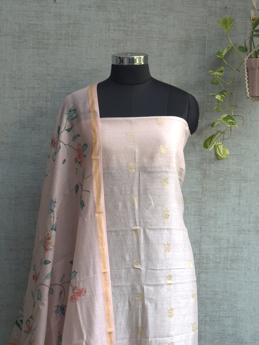 Blush Pink Kora Silk With Flower Buti