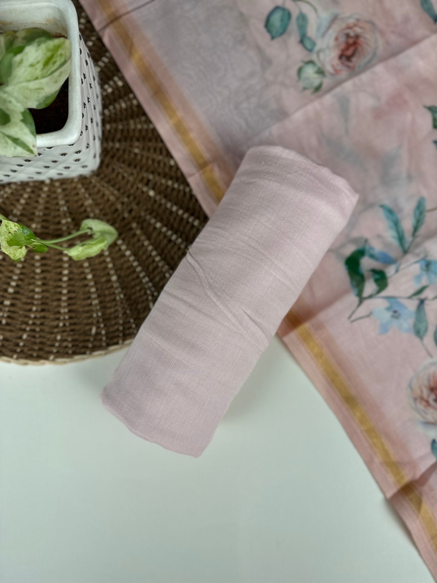 Blush Pink Kora Silk With Flower Buti