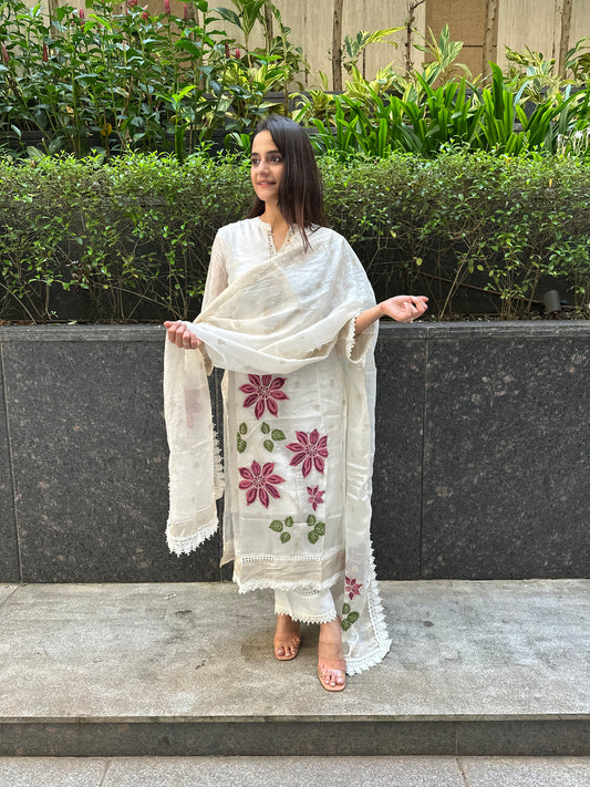 Off-White Organza Floral Embroidery Straight Cut Suit
