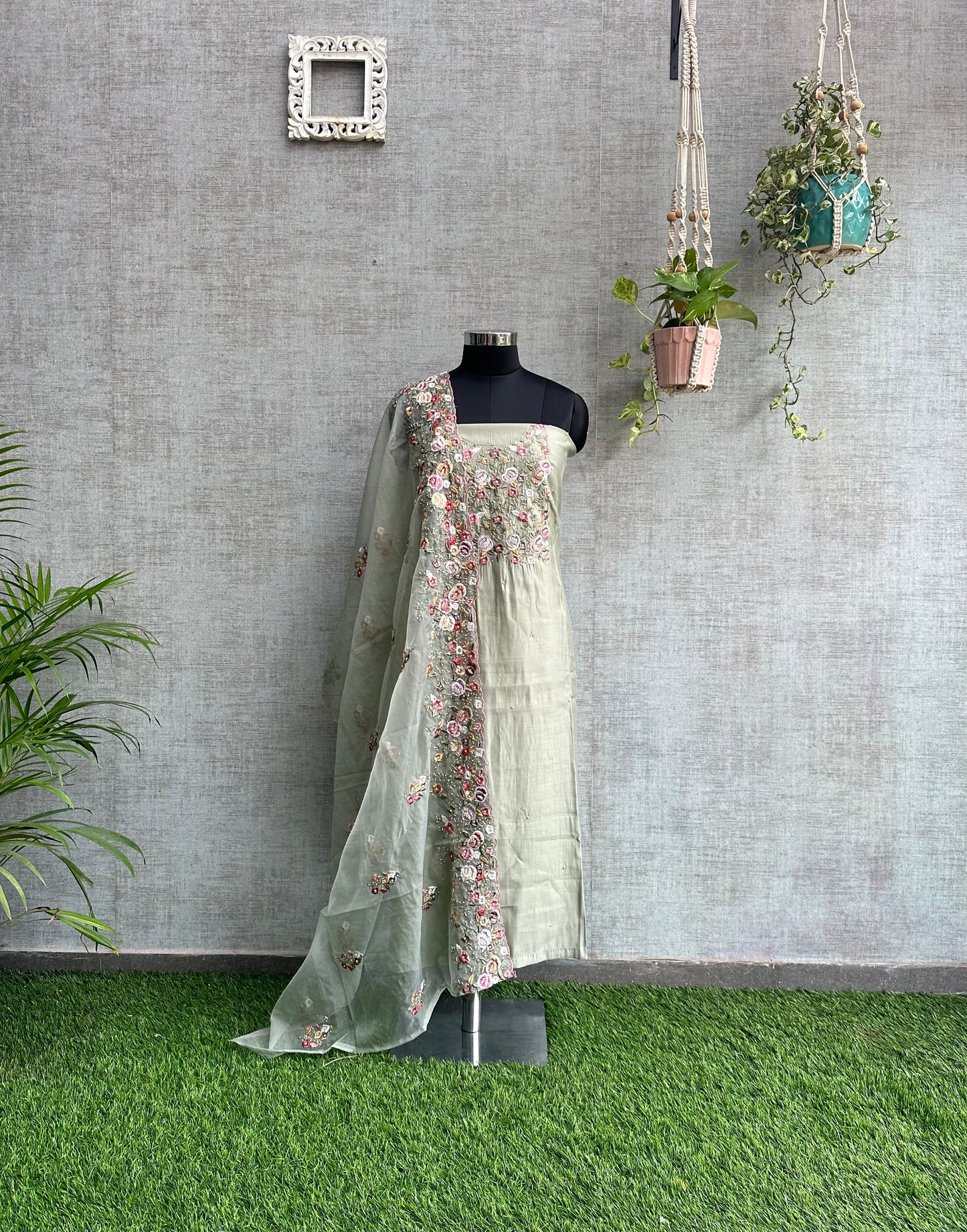 Grey Cotton Satin with Embroidery and Handwork