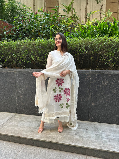 Off-White Organza Floral Embroidery Straight Cut Suit
