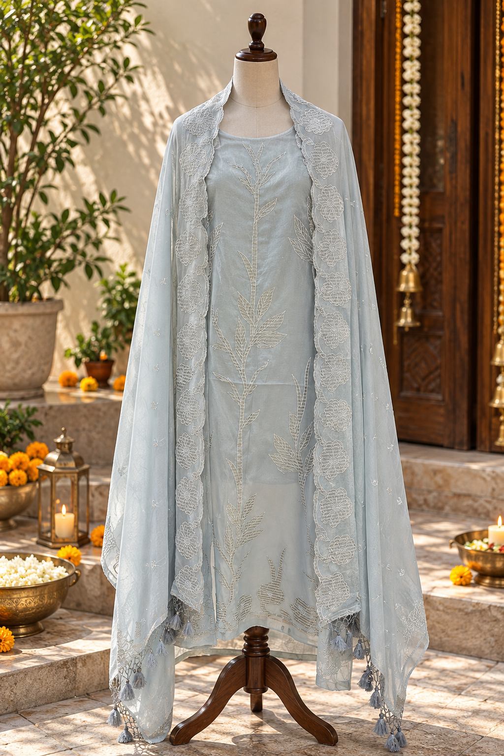 Sky Blue Pure Mul Chanderi with Applique Work