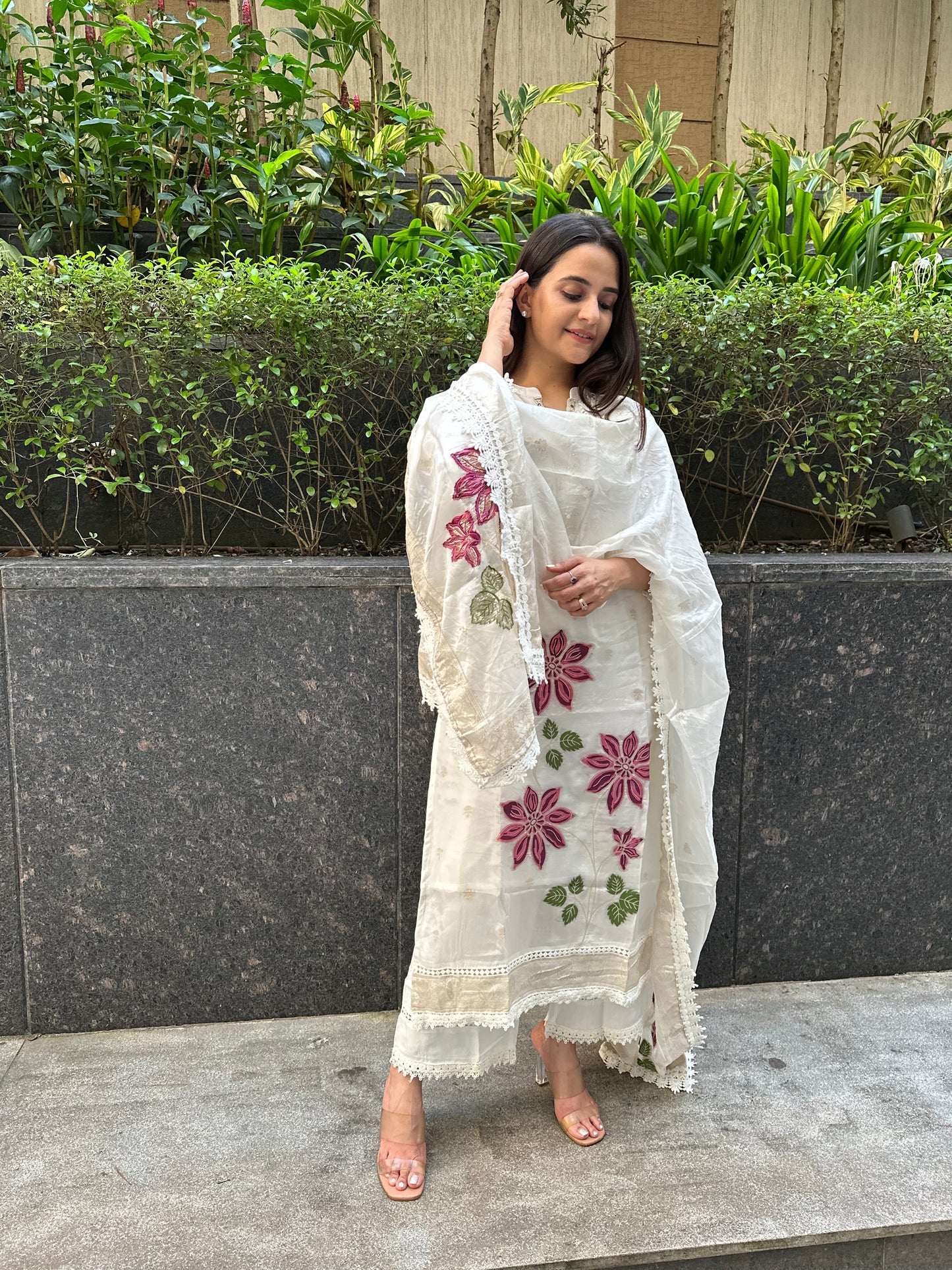 Off-White Organza Floral Embroidery Straight Cut Suit