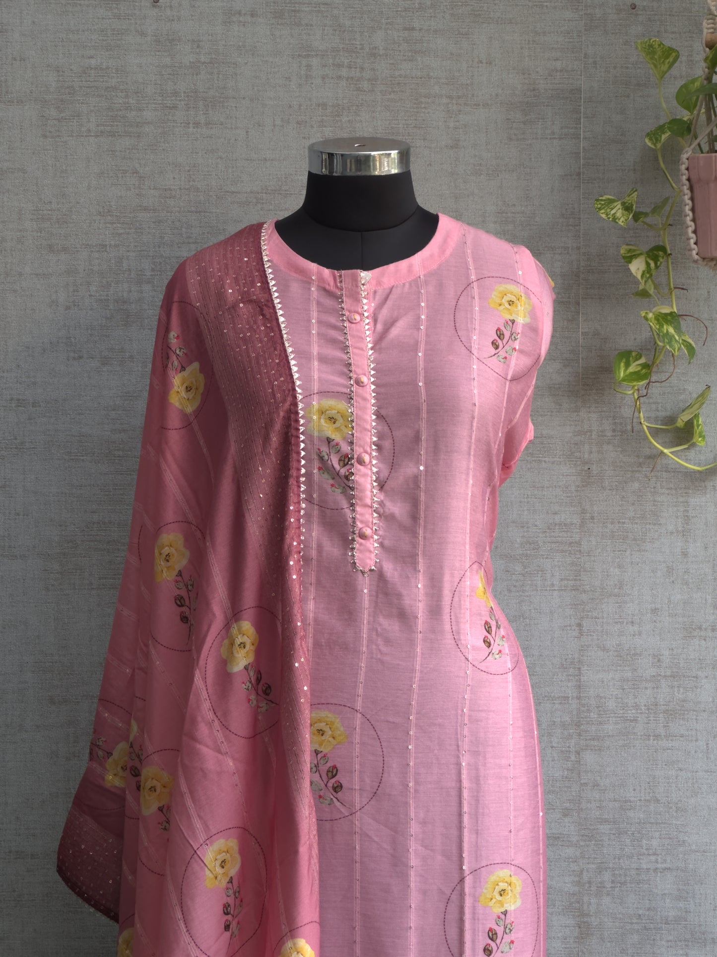 Pink Muslin with Sequence Work and Floral Digital Print