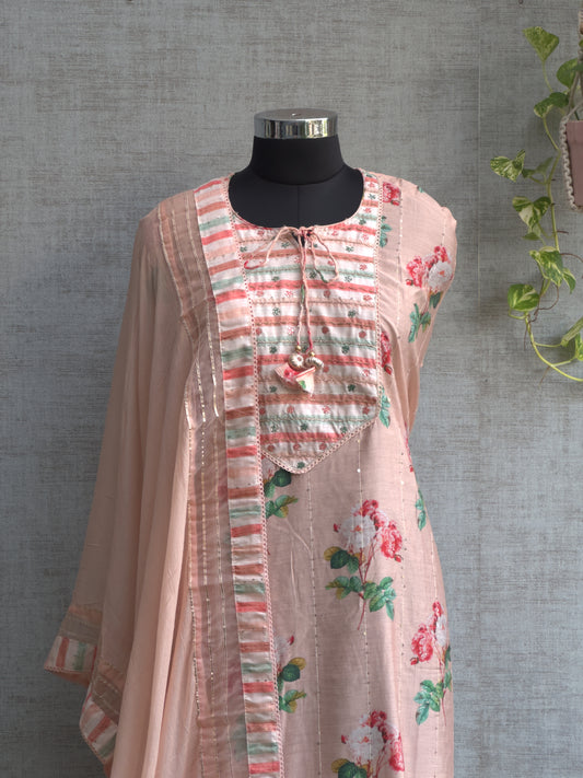 Peach Muslin with Floral Digital Print