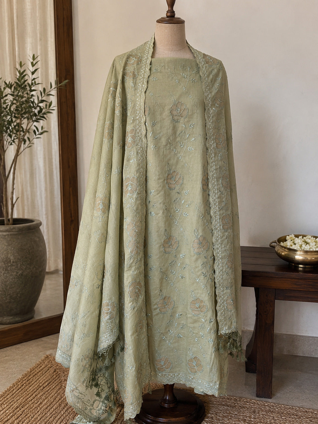 Sage Green Pure Mul Cotton Salwar Material Set