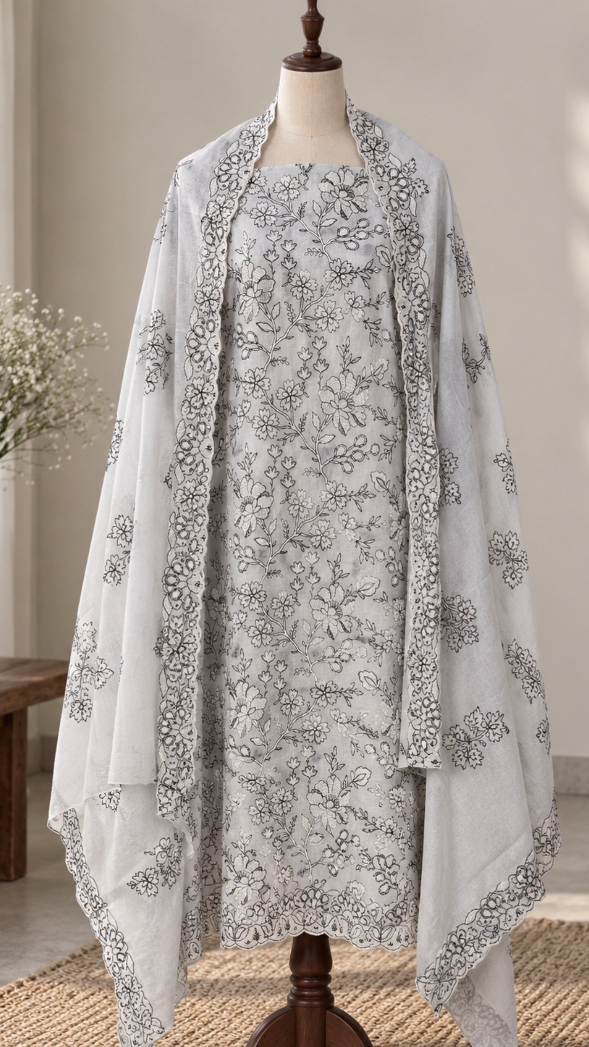 Pastel Grey Thread Work Embroidered Suit