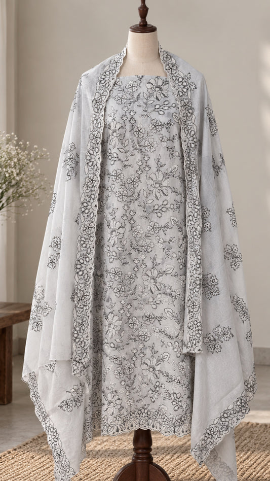 Pastel Grey Thread Work Embroidered Suit