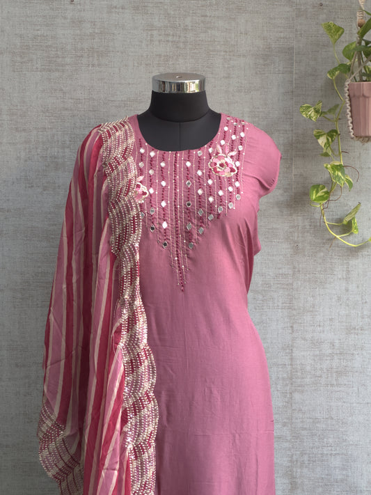 Royal Fushsia Pink Silk with Mirror Work Embroidery