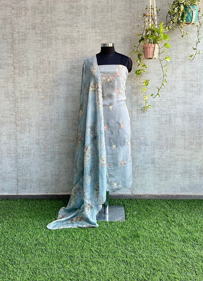 Sky Blue Organza with Bead Work and Floral Dupatta