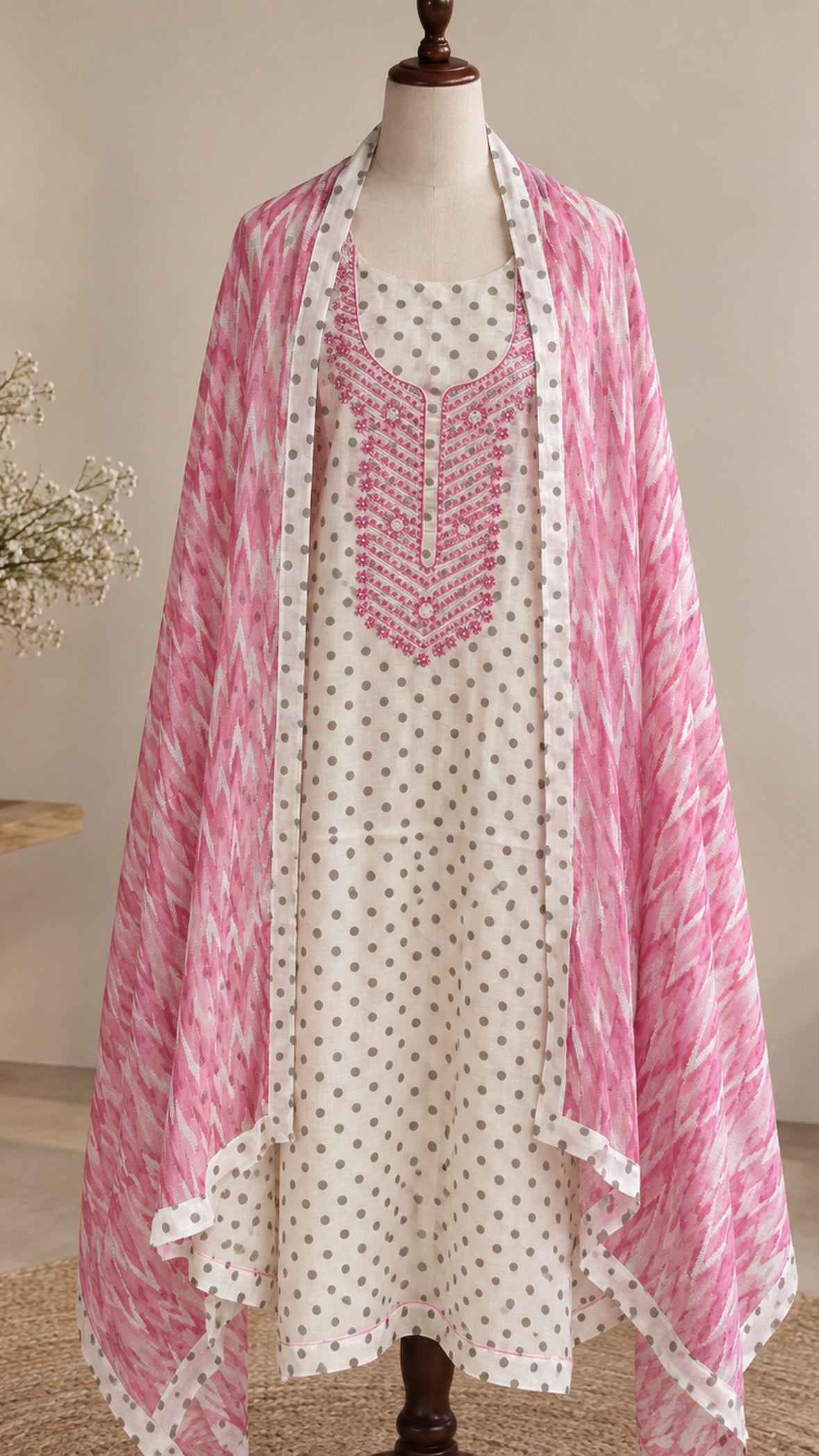 Off-White and Pink Polka Dot Cotton Suit
