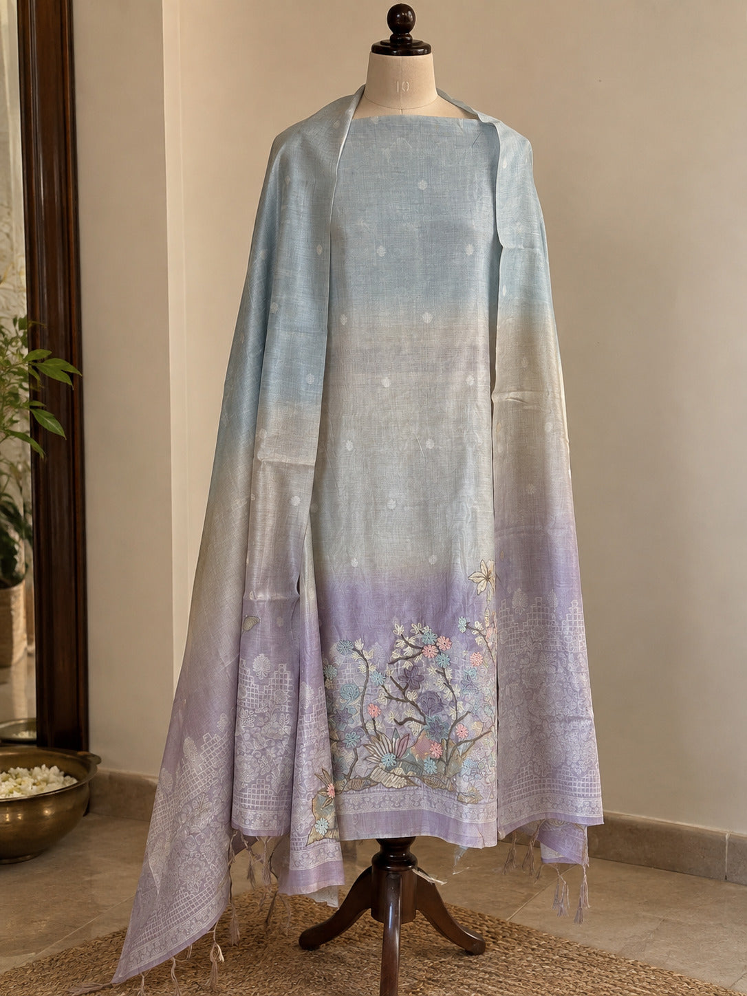 Sky Blue Pure Mul Chanderi with Embroidery