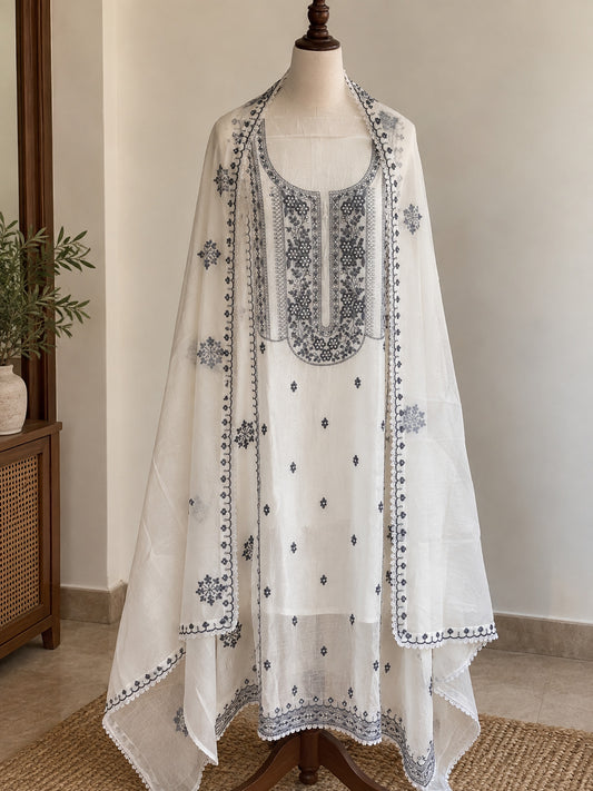 White and Lilac Pure Mul Cotton Suit