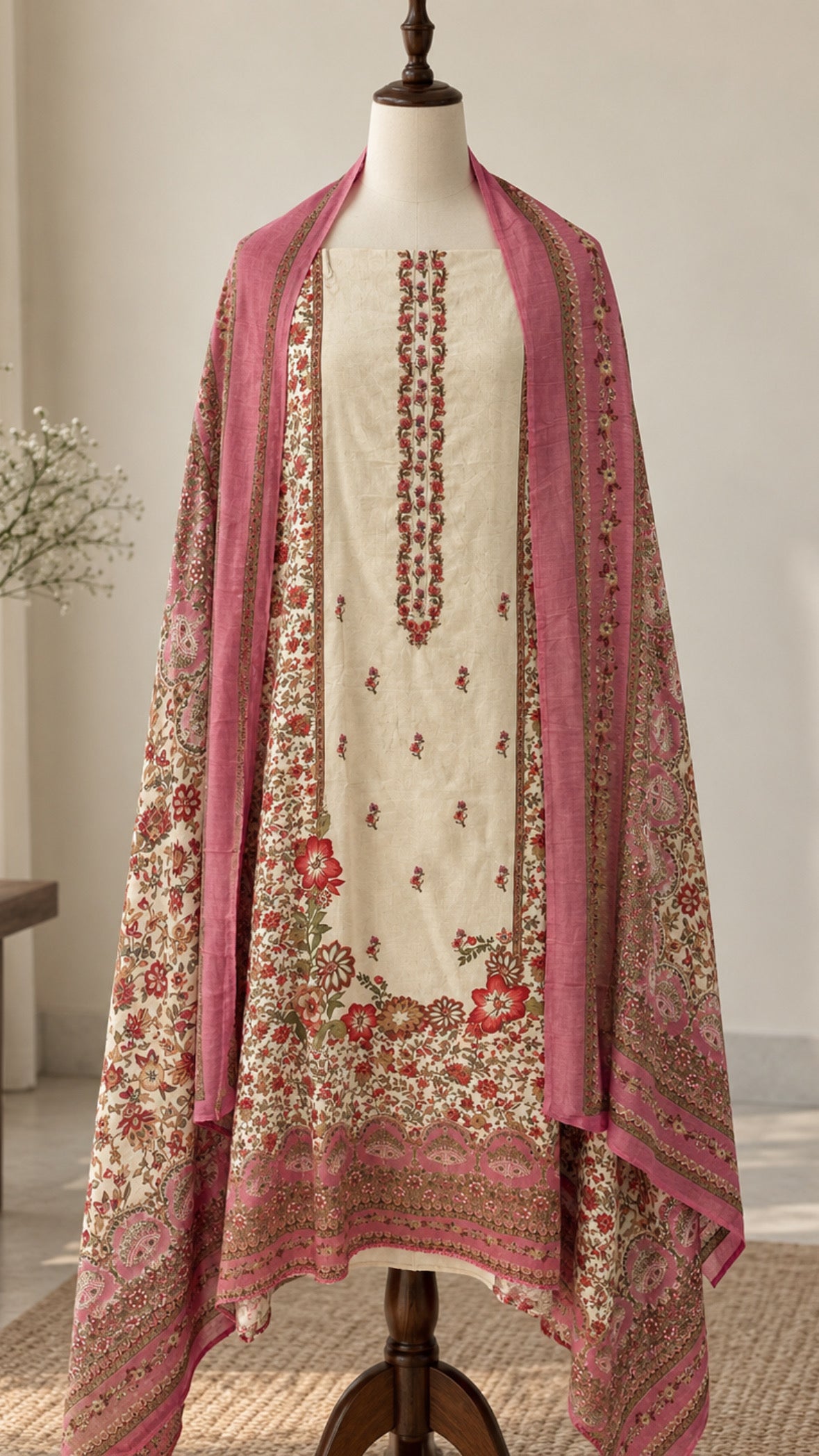 Beige and Pink Floral Cotton Suit with Embroidery