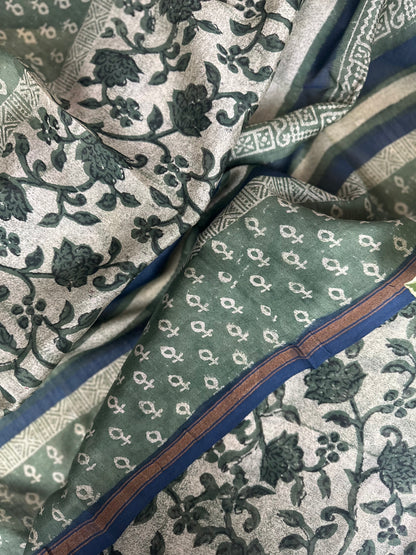 Green and Navy Blue Digital Print Pure Chanderi