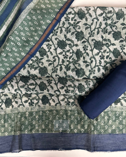 Green and Navy Blue Digital Print Pure Chanderi