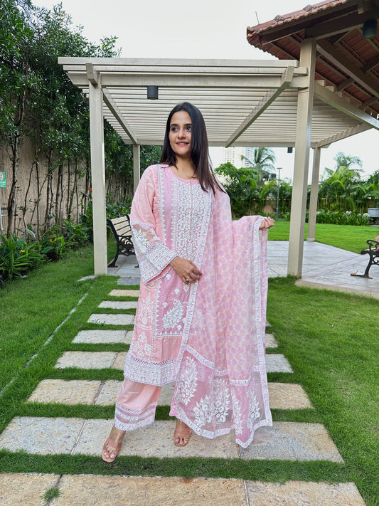 Baby Pink Cotton Straight Cut Suit