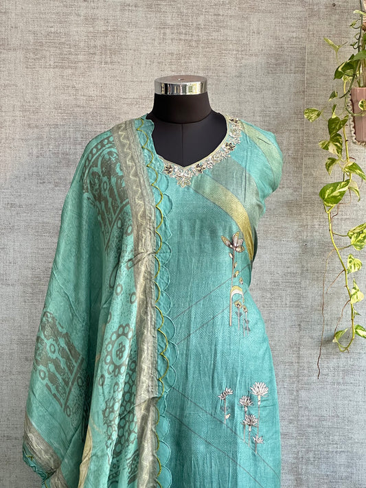 Turquoise Blue Silk with Thread Embroidery