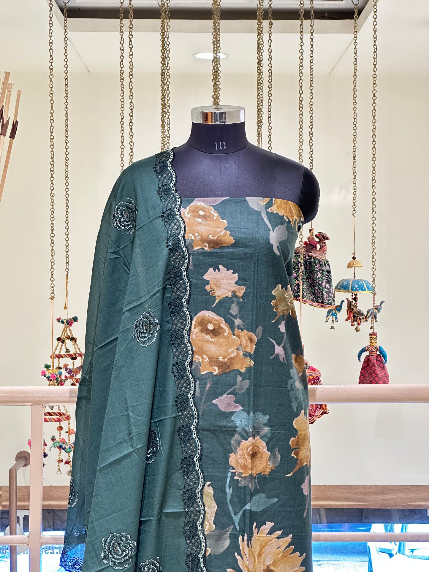 Hunter Green Cotton with Floral Digital Print