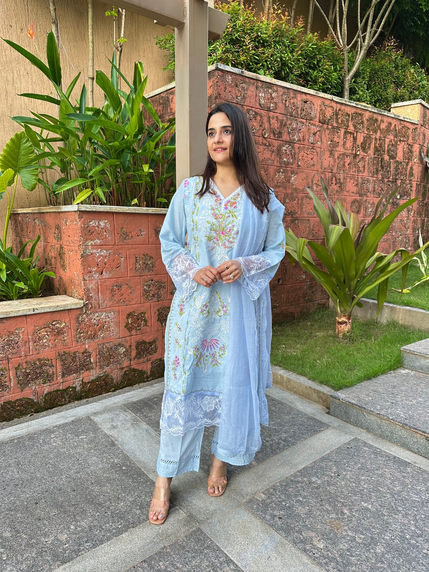 Blue Cotton Embroidered Straight Pakistani Suit