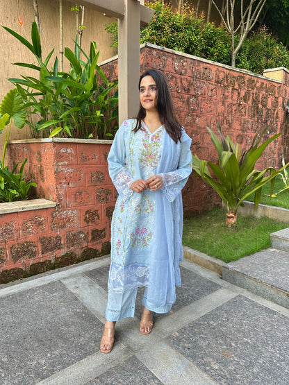 Blue Cotton Embroidered Straight Pakistani Suit