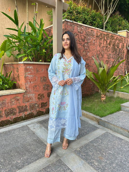 Blue Cotton Embroidered Straight Pakistani Suit
