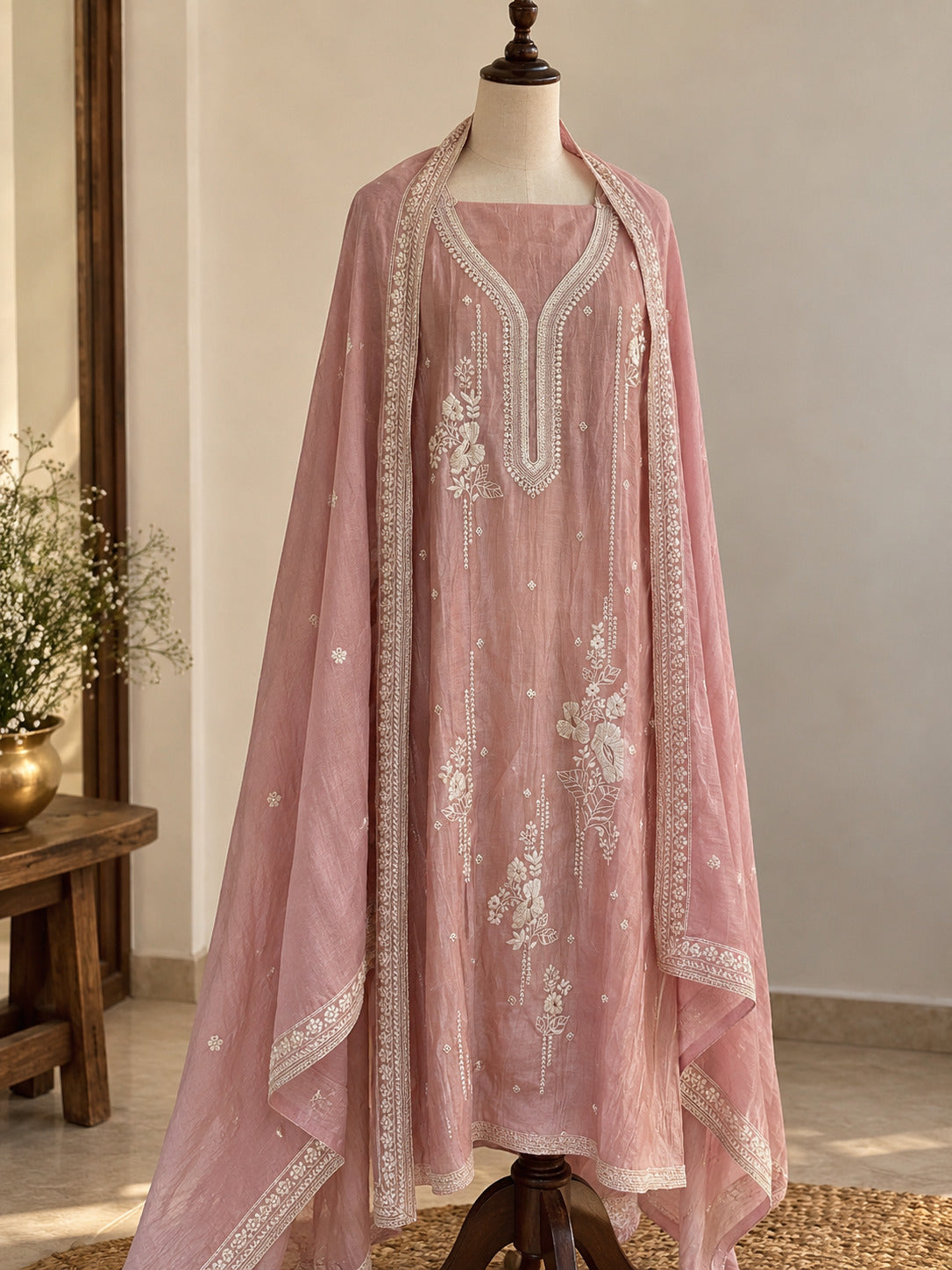 Baby Pink Pure Mul Cotton Suit with Embroidery