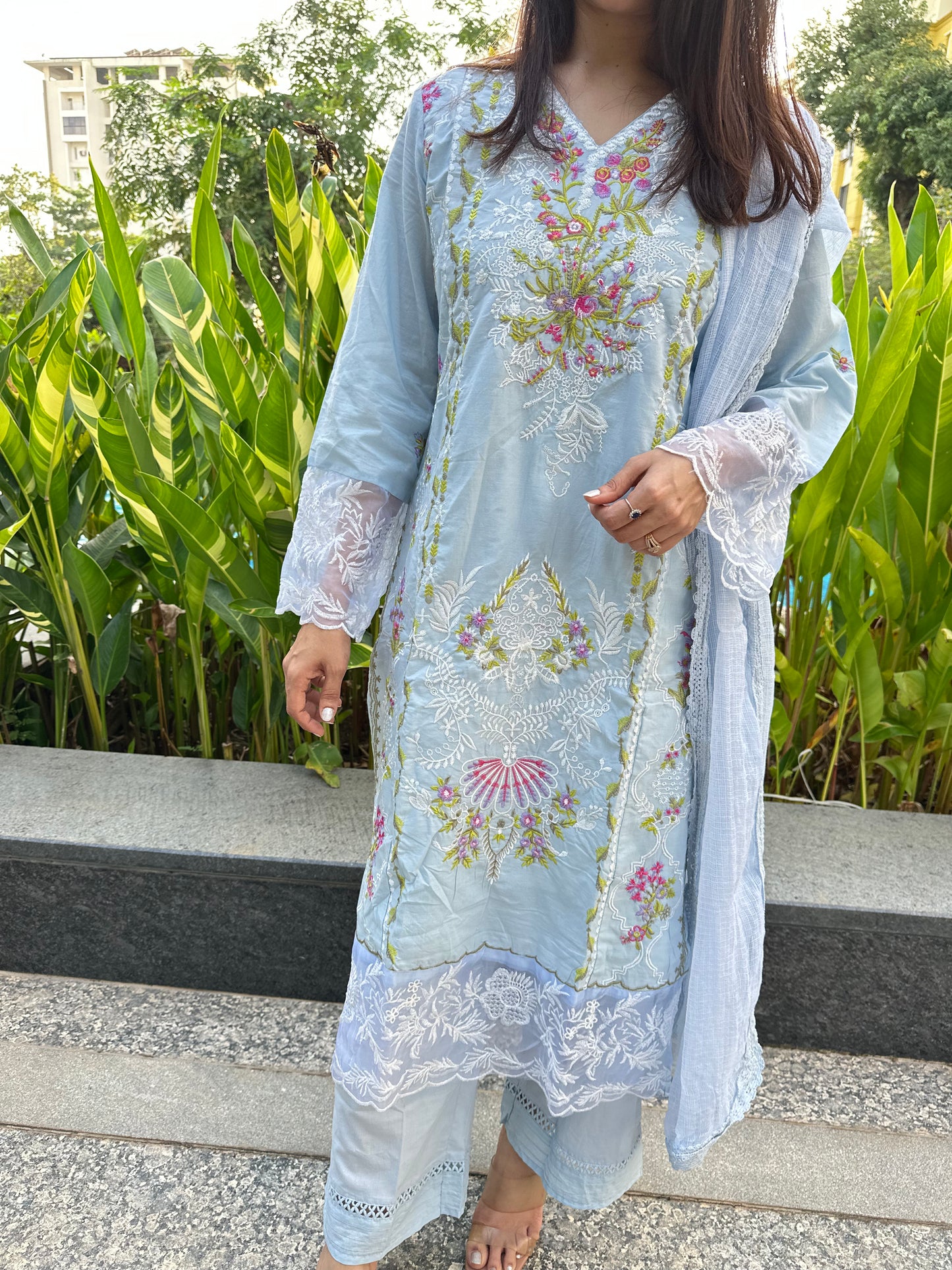 Blue Cotton Embroidered Straight Pakistani Suit