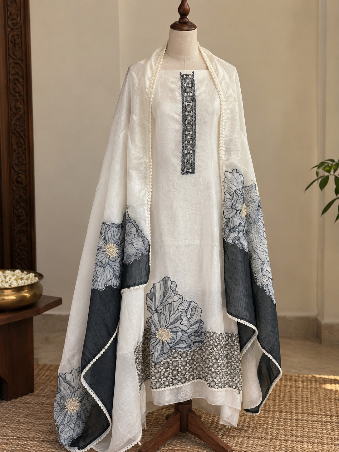 Off-White Pure Mul Chanderi Suit with Blue Embroidery