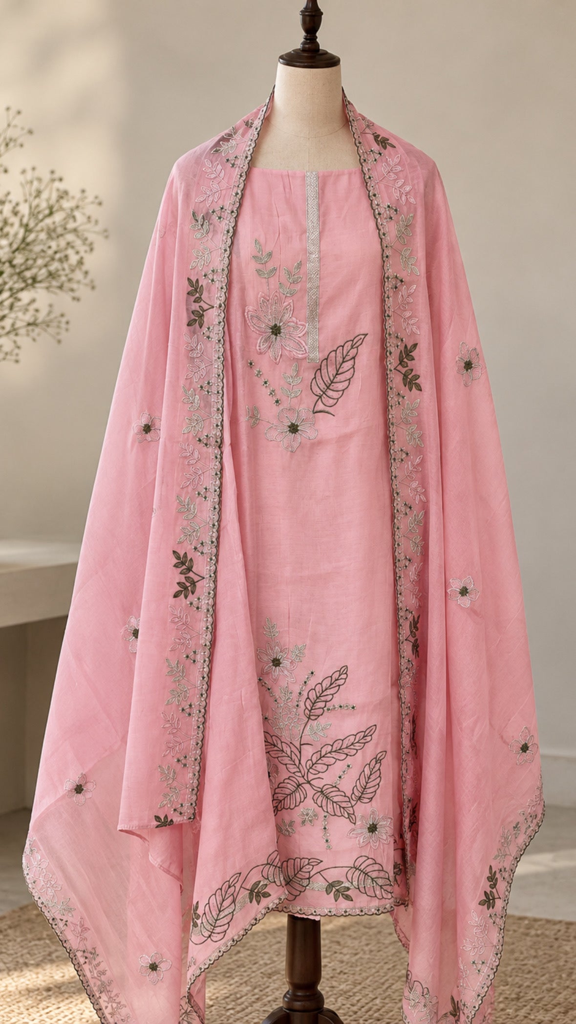 Neon Pink Cotton Muslin Suit with Embroidery
