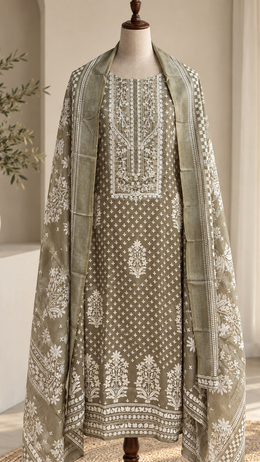 Sage Green Digital Print Cotton Suit with Thread Embroidery
