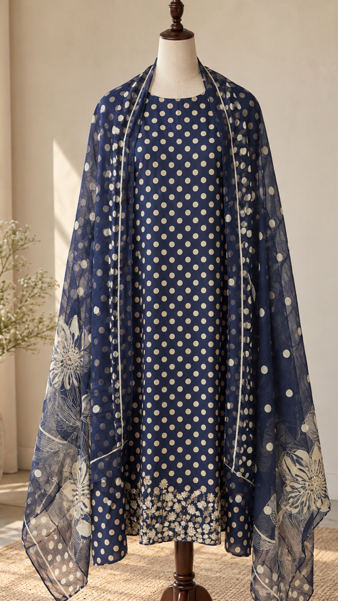 Navy Blue Polka Dot Cotton Suit Set