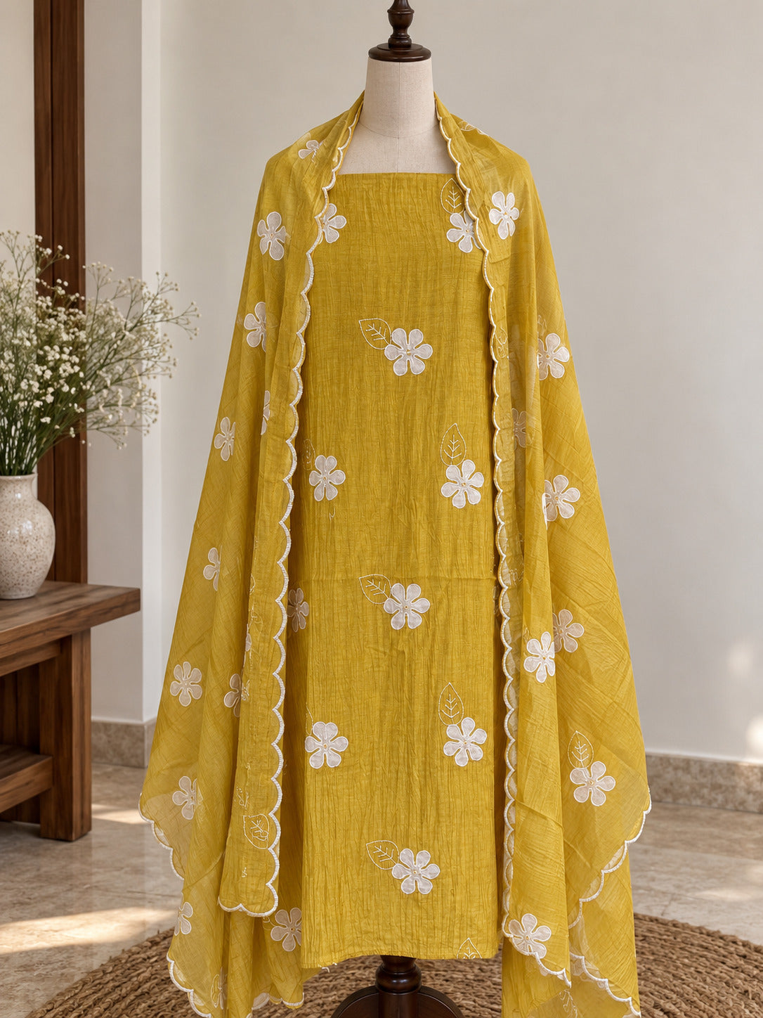 Butter Yellow Pure Mul Cotton Suit with Applique Work
