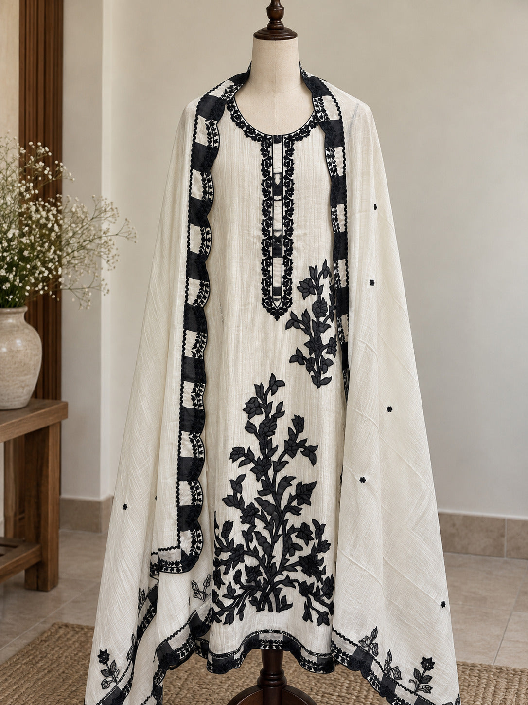 Beige Pure Mul Cotton Suit with Black Embroidery