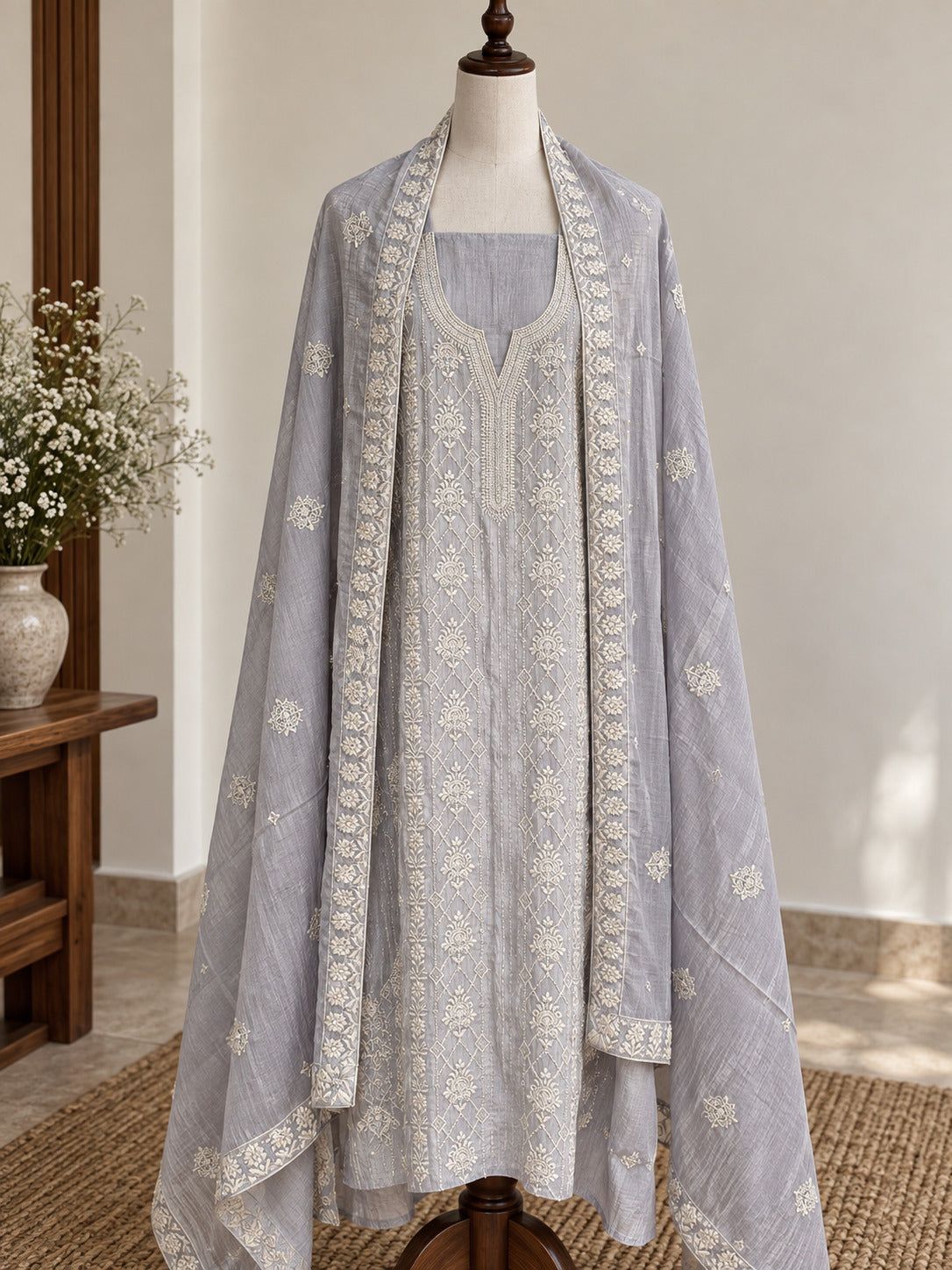 Grey Pure Mul Cotton Suit with Chikankari Embroidery