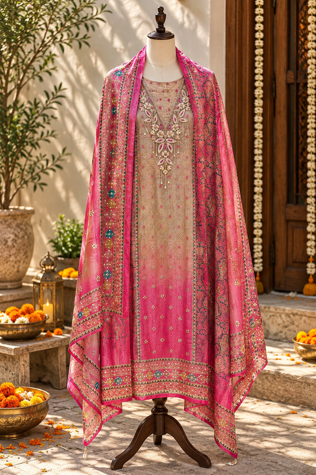 Pink Shimmer Crepe with Digital Print and Mirror Work