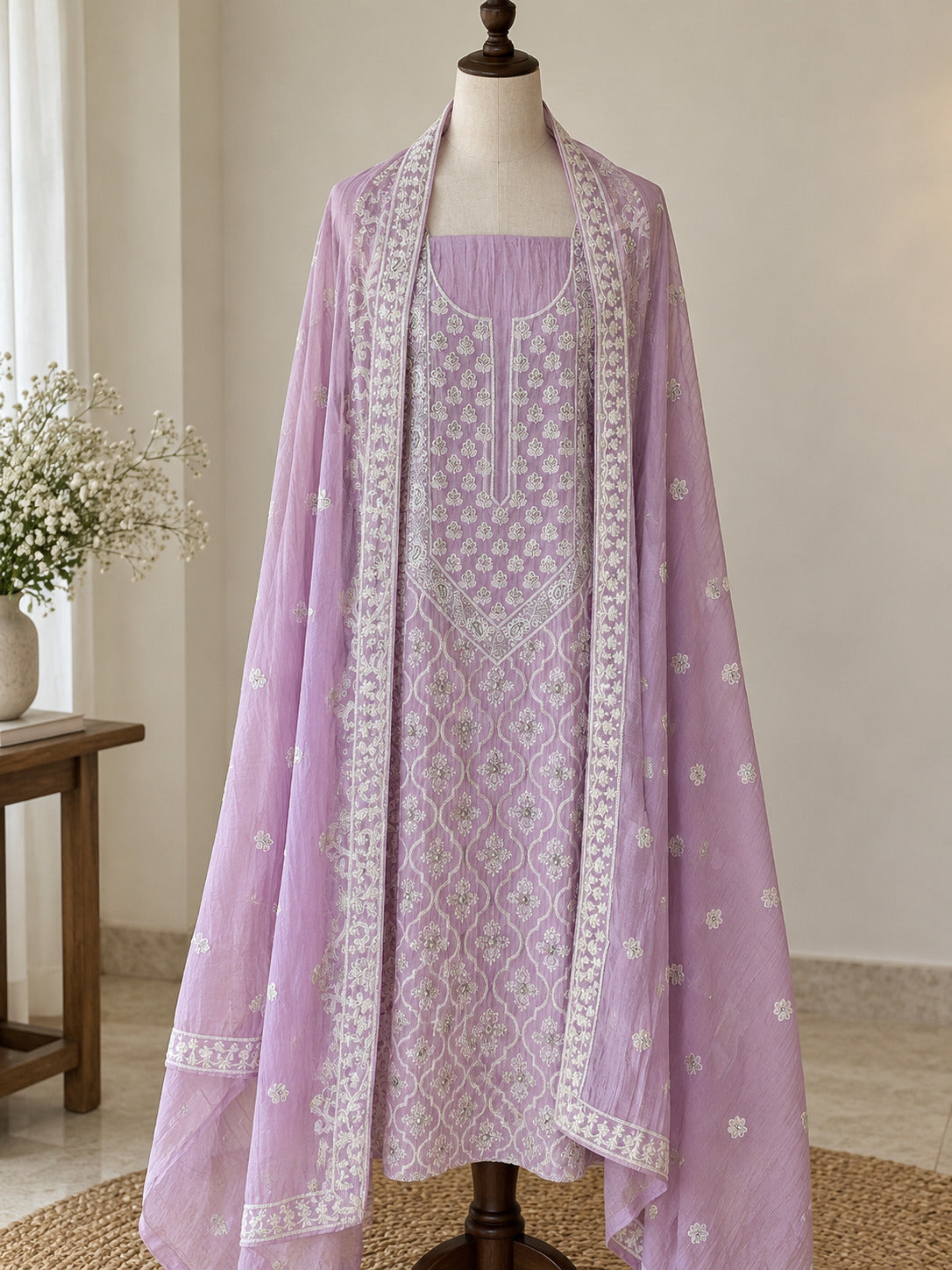 Pastel Pink Pure Mul Cotton with Chikankari Embroidery