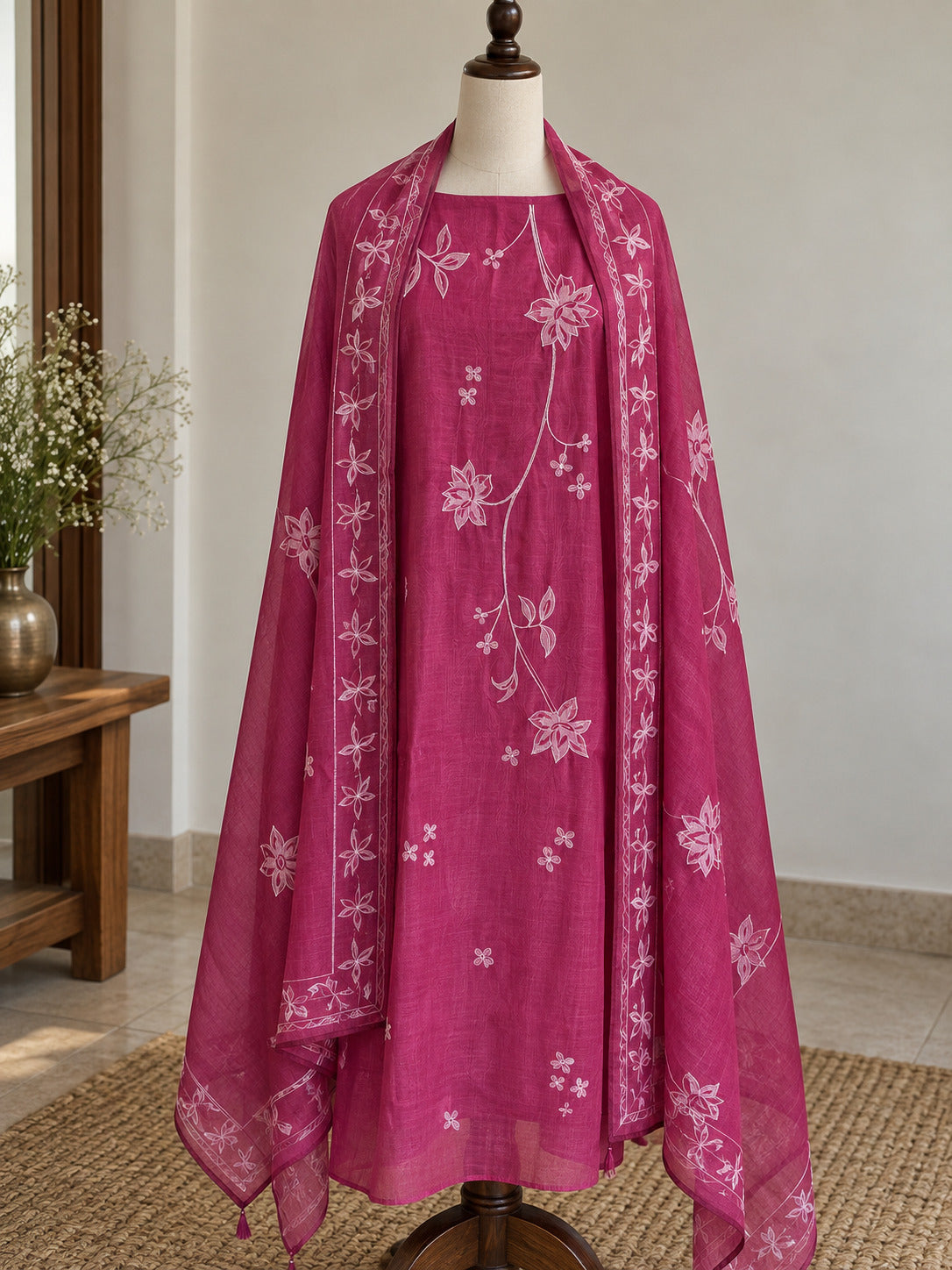 Raspberry Pink Pure Chanderi Cotton Suit